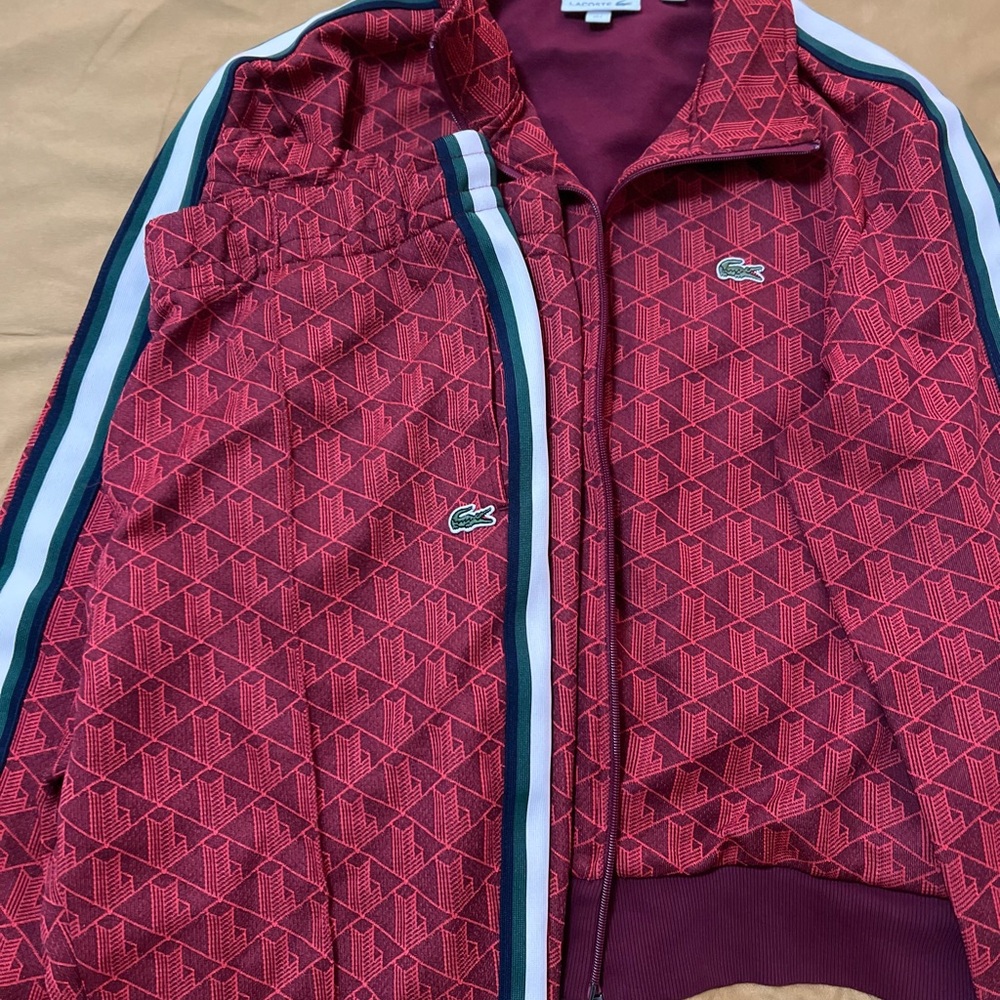 Lacoste Red Geometric Track Jacket with Green & White Stripe